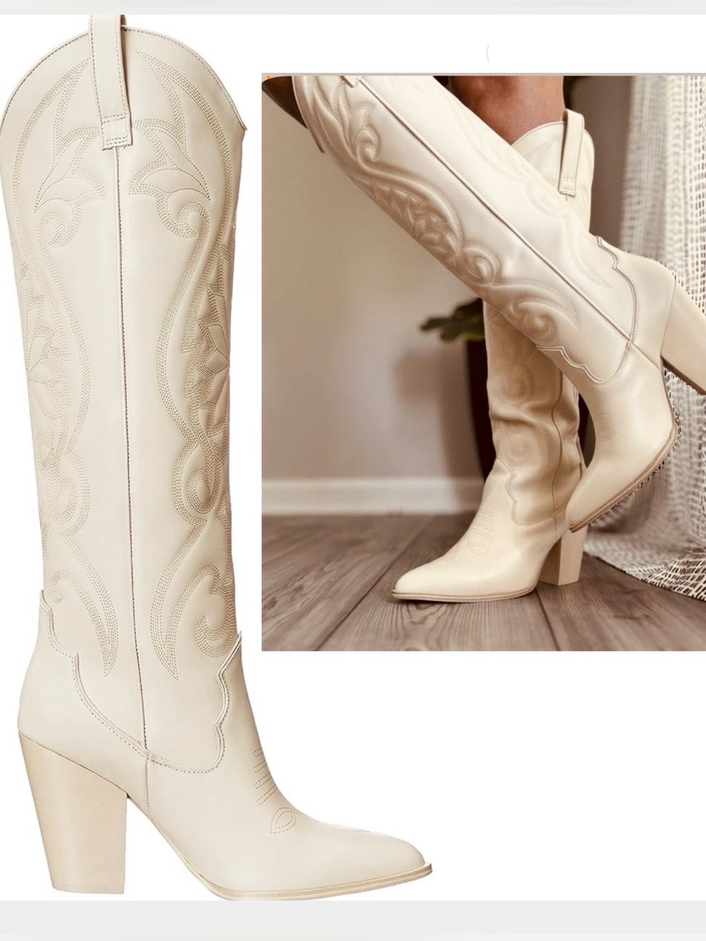 Steve Madden Cream Knee-High Western Boots with Block Heel